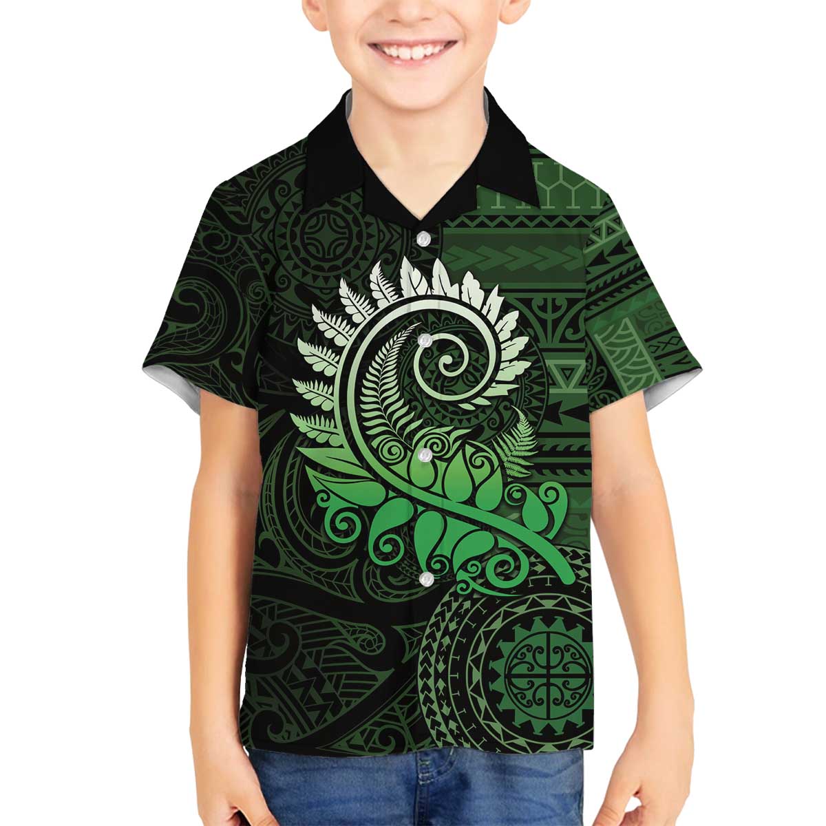New Zealand Maori Koru Fern Family Matching Puletasi and Hawaiian Shirt Spiral Polynesian Style Green LT05 Son's Shirt Green - Polynesian Pride
