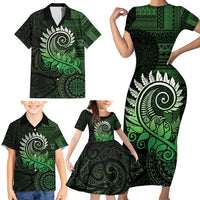 New Zealand Maori Koru Fern Family Matching Short Sleeve Bodycon Dress and Hawaiian Shirt Spiral Polynesian Style Green LT05 - Polynesian Pride