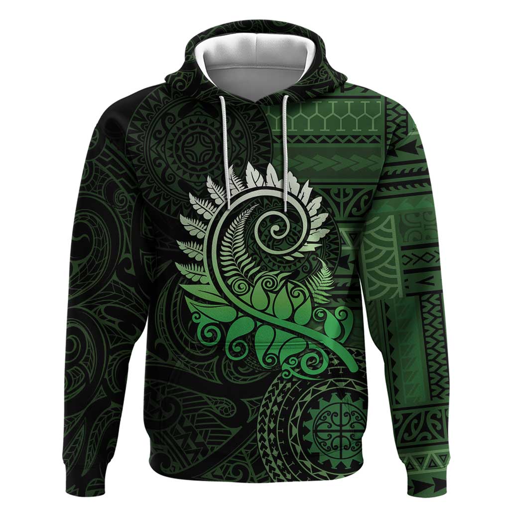 New Zealand Maori Koru Fern Hoodie Spiral Polynesian Style Green