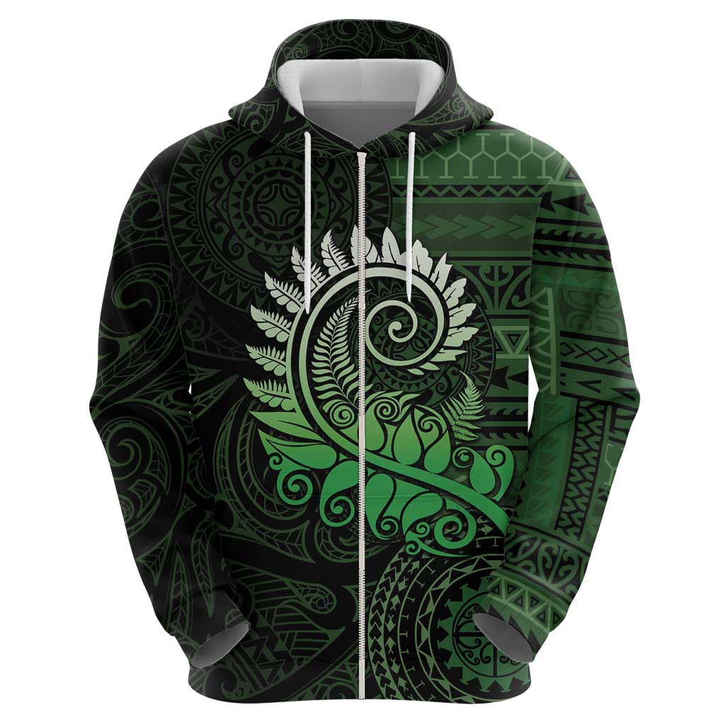New Zealand Maori Koru Fern Hoodie Spiral Polynesian Style Green
