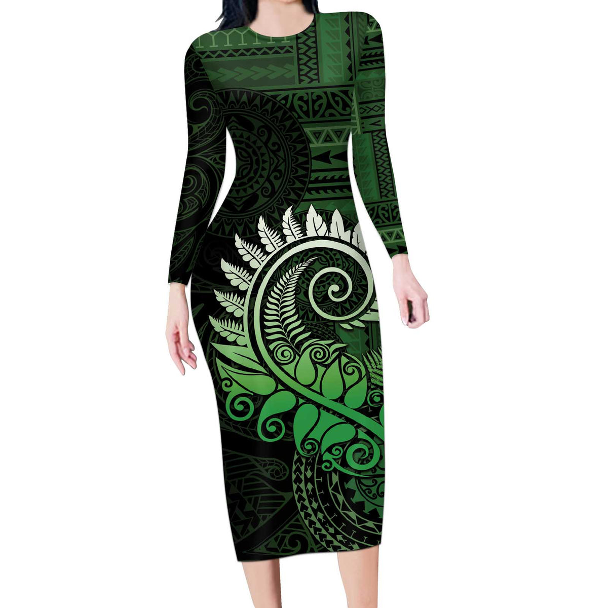 New Zealand Maori Koru Fern Long Sleeve Bodycon Dress Spiral Polynesian Style Green LT05 Long Dress Green - Polynesian Pride