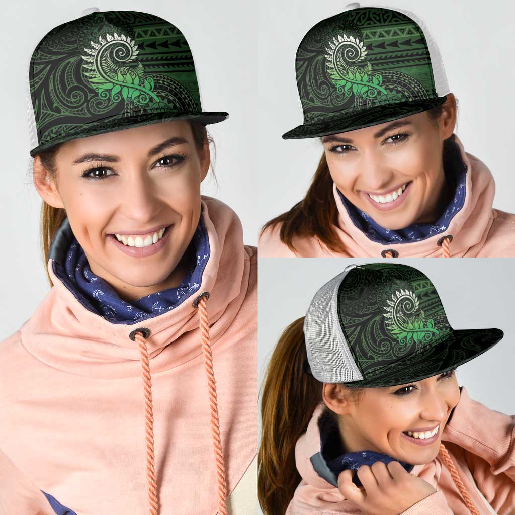 New Zealand Maori Koru Fern Mesh Trucker Cap Spiral Polynesian Style Green - Polynesian Pride