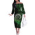 New Zealand Maori Koru Fern Off The Shoulder Long Sleeve Dress Spiral Polynesian Style Green