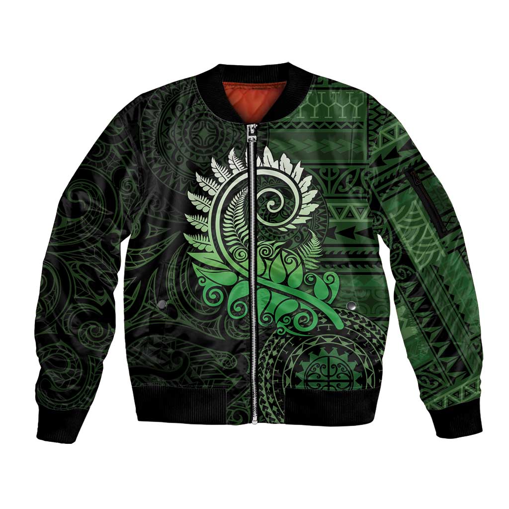 New Zealand Maori Koru Fern Sleeve Zip Bomber Jacket Spiral Polynesian Style Green