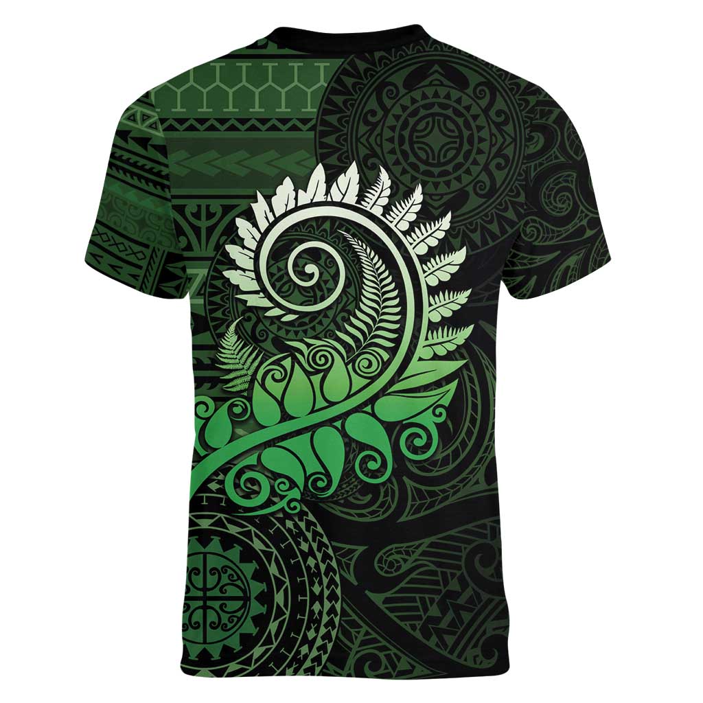 New Zealand Maori Koru Fern Women V-Neck T-Shirt Spiral Polynesian Style Green LT05 - Polynesian Pride