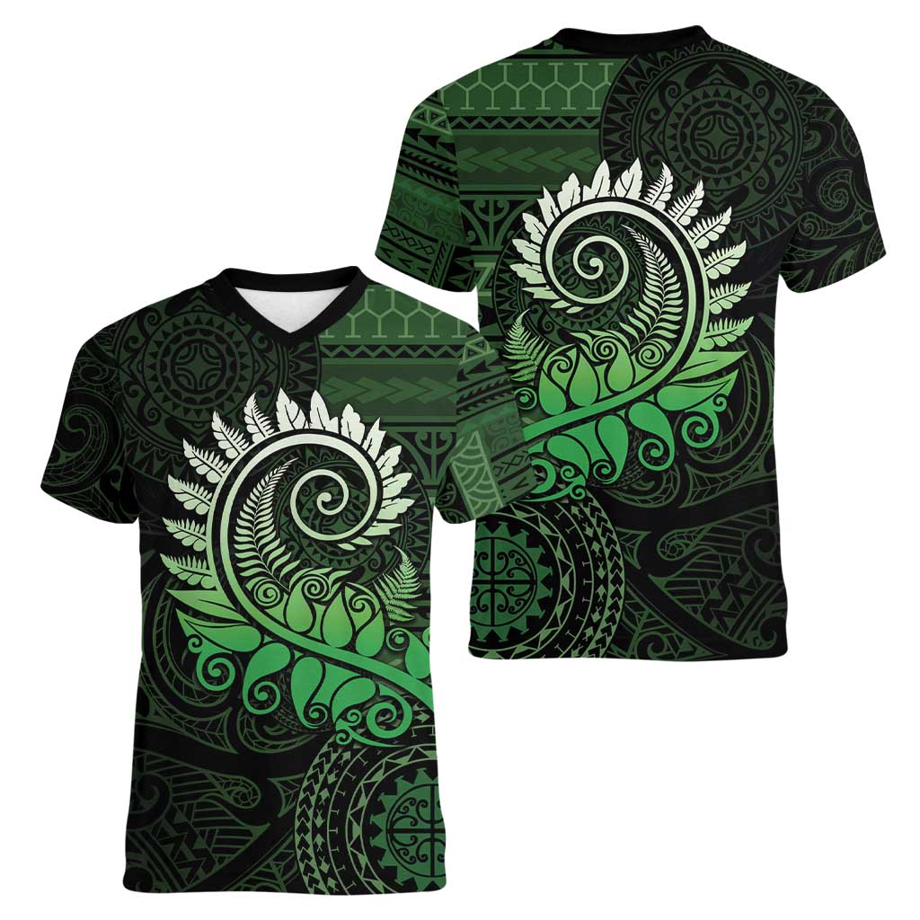 New Zealand Maori Koru Fern Women V-Neck T-Shirt Spiral Polynesian Style Green LT05 - Polynesian Pride