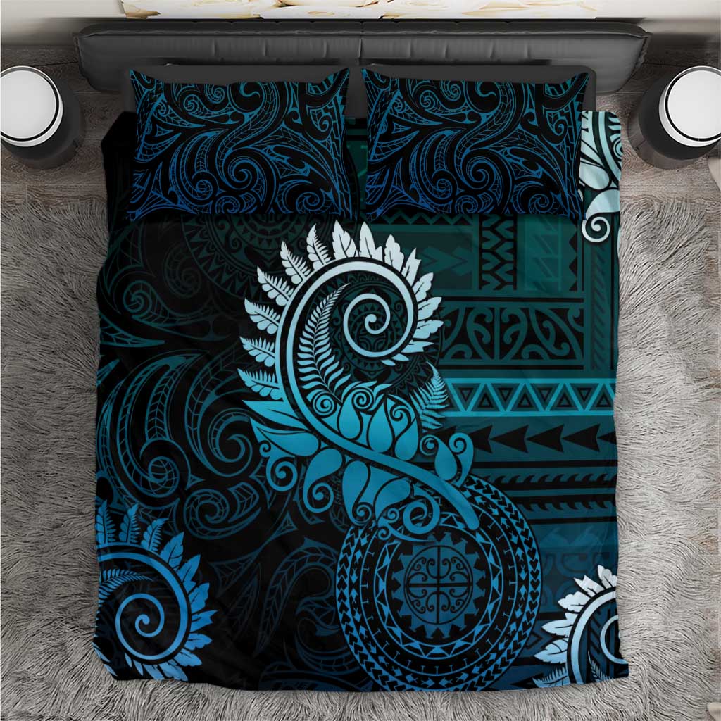 New Zealand Maori Koru Fern Bedding Set Spiral Polynesian Style Aqua Gradient