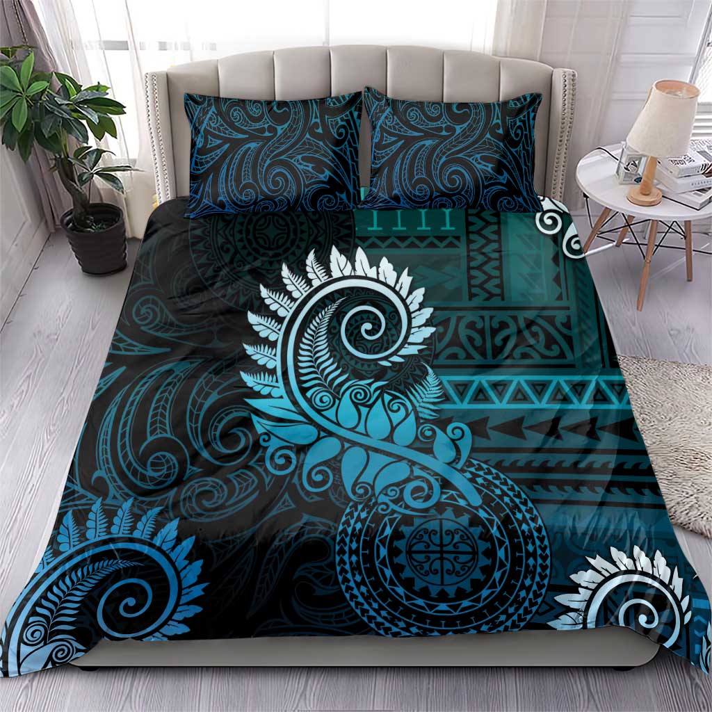New Zealand Maori Koru Fern Bedding Set Spiral Polynesian Style Aqua Gradient