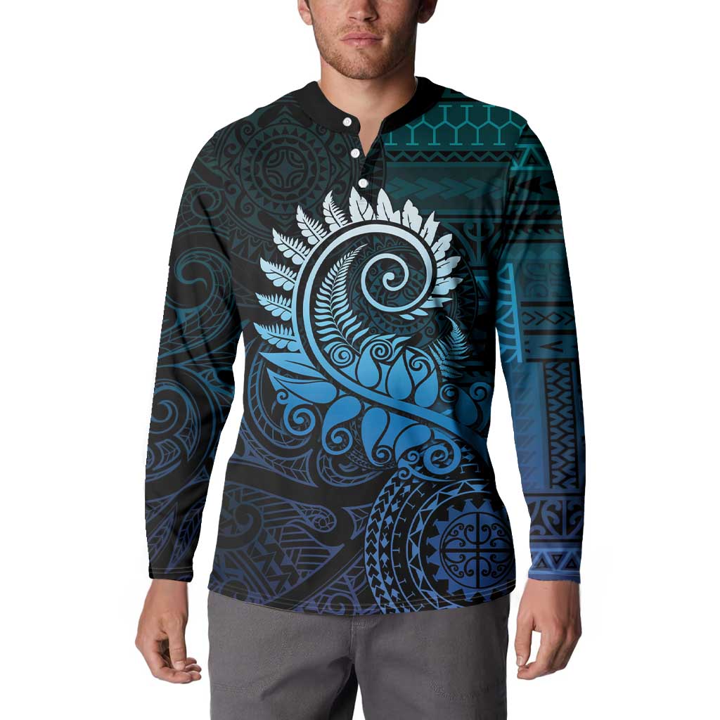 New Zealand Maori Koru Fern Button Sweatshirt Spiral Polynesian Style Aqua Gradient