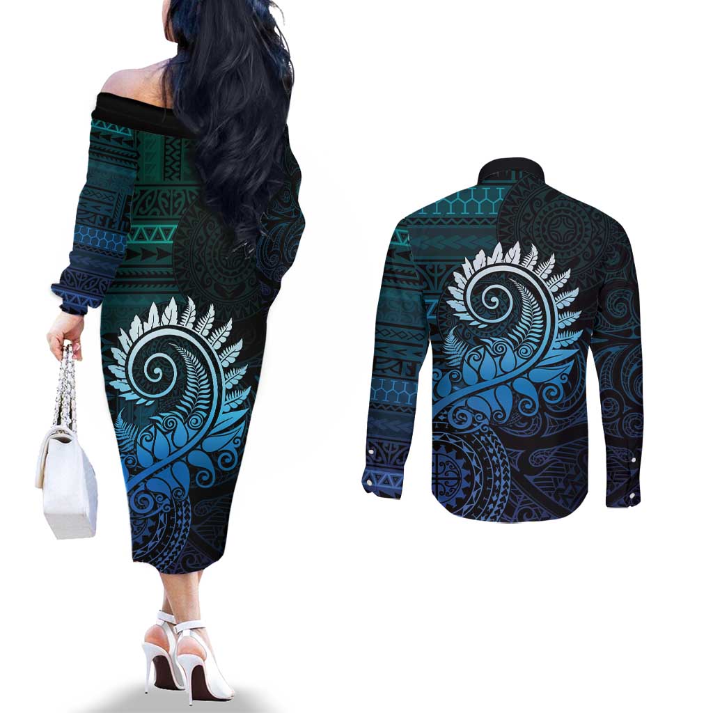 New Zealand Maori Koru Fern Couples Matching Off The Shoulder Long Sleeve Dress and Long Sleeve Button Shirt Spiral Polynesian Style Aqua Gradient LT05 - Polynesian Pride