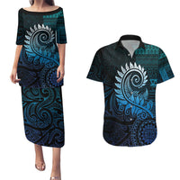 New Zealand Maori Koru Fern Couples Matching Puletasi and Hawaiian Shirt Spiral Polynesian Style Aqua Gradient LT05 Aqua - Polynesian Pride