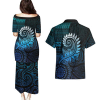 New Zealand Maori Koru Fern Couples Matching Puletasi and Hawaiian Shirt Spiral Polynesian Style Aqua Gradient LT05 - Polynesian Pride