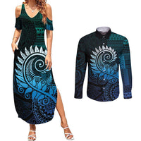 New Zealand Maori Koru Fern Couples Matching Summer Maxi Dress and Long Sleeve Button Shirt Spiral Polynesian Style Aqua Gradient LT05 Aqua - Polynesian Pride