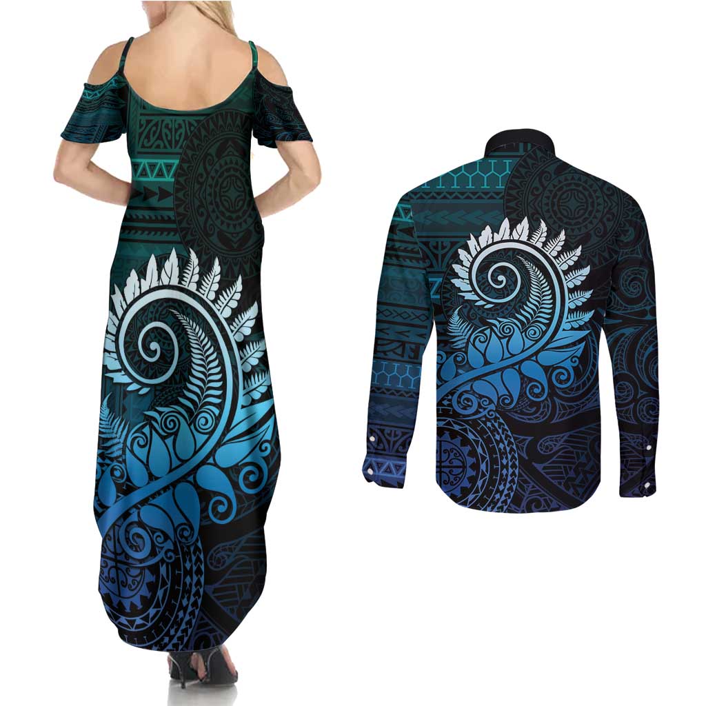 New Zealand Maori Koru Fern Couples Matching Summer Maxi Dress and Long Sleeve Button Shirt Spiral Polynesian Style Aqua Gradient LT05 - Polynesian Pride