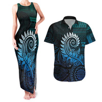 New Zealand Maori Koru Fern Couples Matching Tank Maxi Dress and Hawaiian Shirt Spiral Polynesian Style Aqua Gradient LT05 Aqua - Polynesian Pride