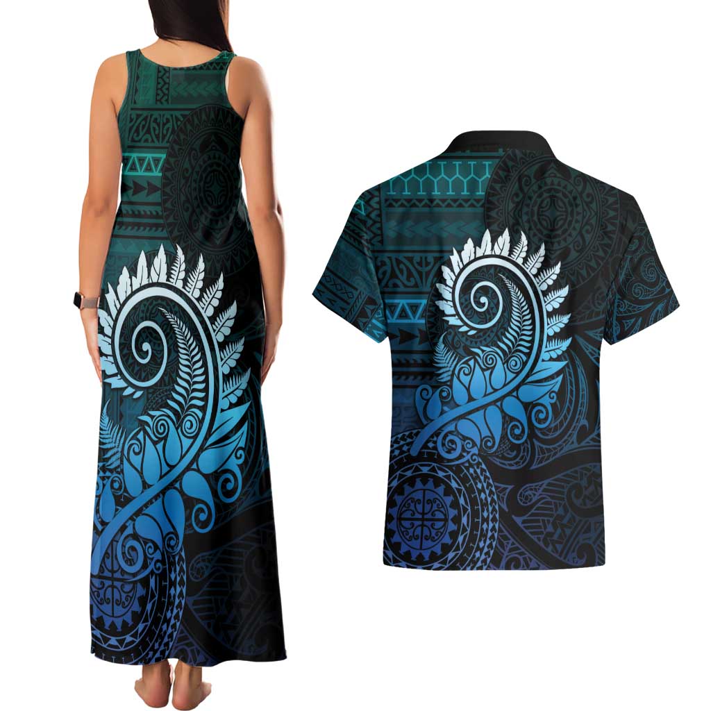 New Zealand Maori Koru Fern Couples Matching Tank Maxi Dress and Hawaiian Shirt Spiral Polynesian Style Aqua Gradient LT05 - Polynesian Pride