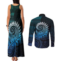 New Zealand Maori Koru Fern Couples Matching Tank Maxi Dress and Long Sleeve Button Shirt Spiral Polynesian Style Aqua Gradient LT05 - Polynesian Pride