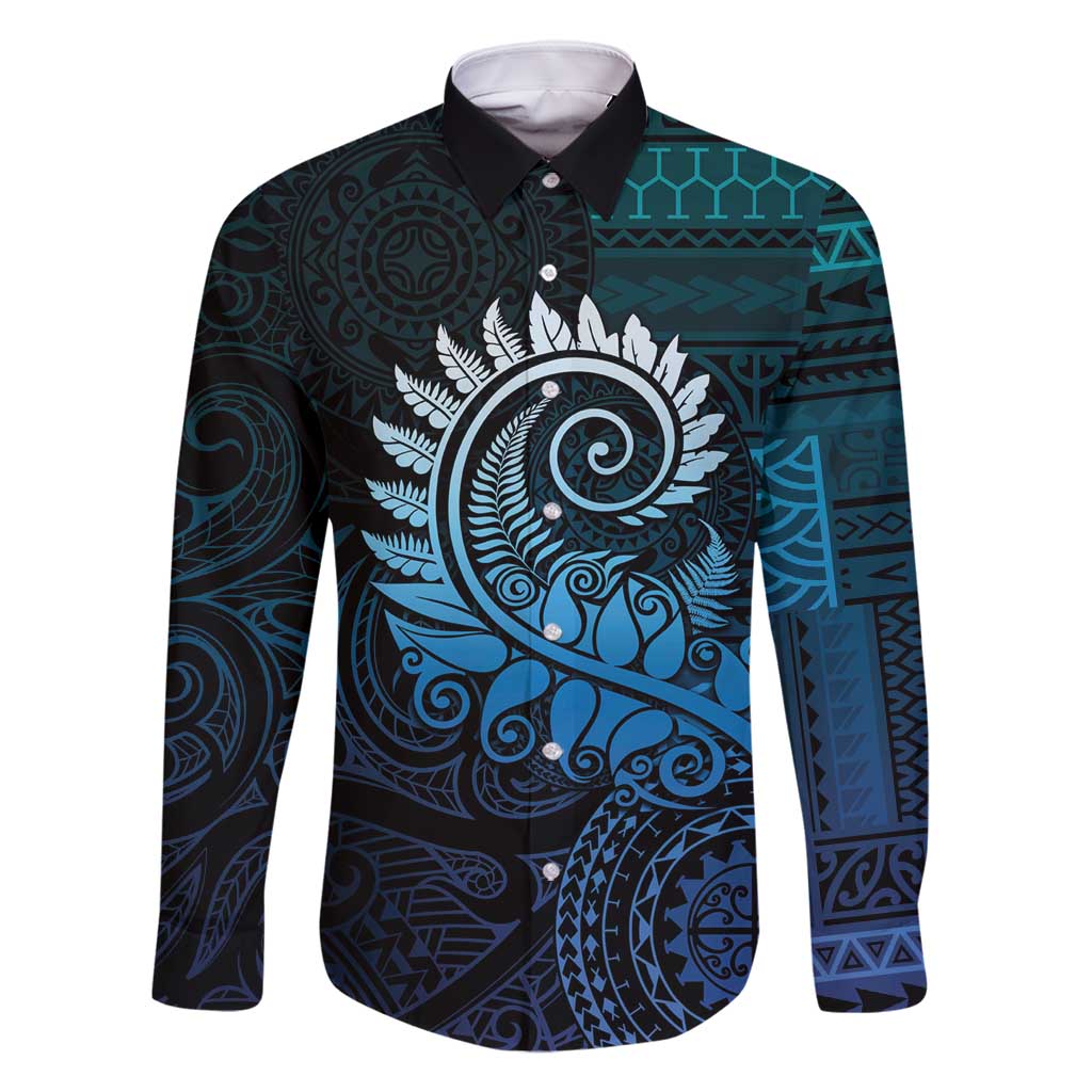 New Zealand Maori Koru Fern Family Matching Long Sleeve Bodycon Dress and Hawaiian Shirt Spiral Polynesian Style Aqua Gradient LT05 Dad's Shirt - Long Sleeve Aqua - Polynesian Pride