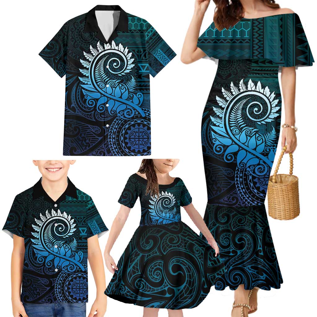 New Zealand Maori Koru Fern Family Matching Mermaid Dress and Hawaiian Shirt Spiral Polynesian Style Aqua Gradient LT05 - Polynesian Pride