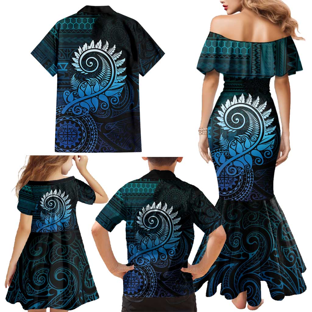 New Zealand Maori Koru Fern Family Matching Mermaid Dress and Hawaiian Shirt Spiral Polynesian Style Aqua Gradient LT05 - Polynesian Pride