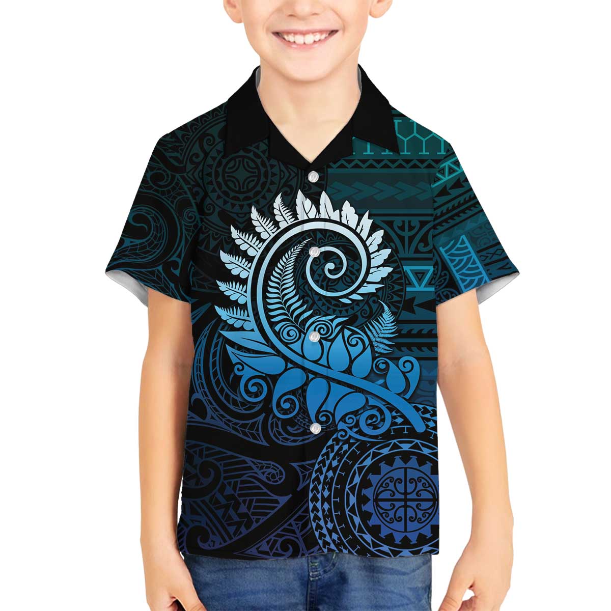 New Zealand Maori Koru Fern Family Matching Off Shoulder Short Dress and Hawaiian Shirt Spiral Polynesian Style Aqua Gradient