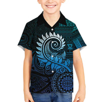 New Zealand Maori Koru Fern Family Matching Off Shoulder Short Dress and Hawaiian Shirt Spiral Polynesian Style Aqua Gradient