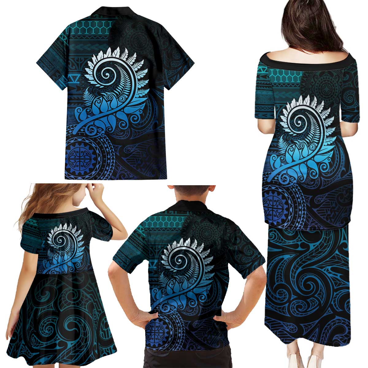 New Zealand Maori Koru Fern Family Matching Puletasi and Hawaiian Shirt Spiral Polynesian Style Aqua Gradient LT05 - Polynesian Pride