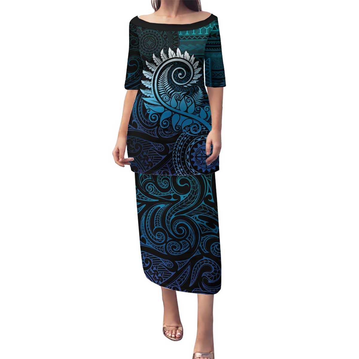New Zealand Maori Koru Fern Family Matching Puletasi and Hawaiian Shirt Spiral Polynesian Style Aqua Gradient LT05 Mom's Dress Aqua - Polynesian Pride