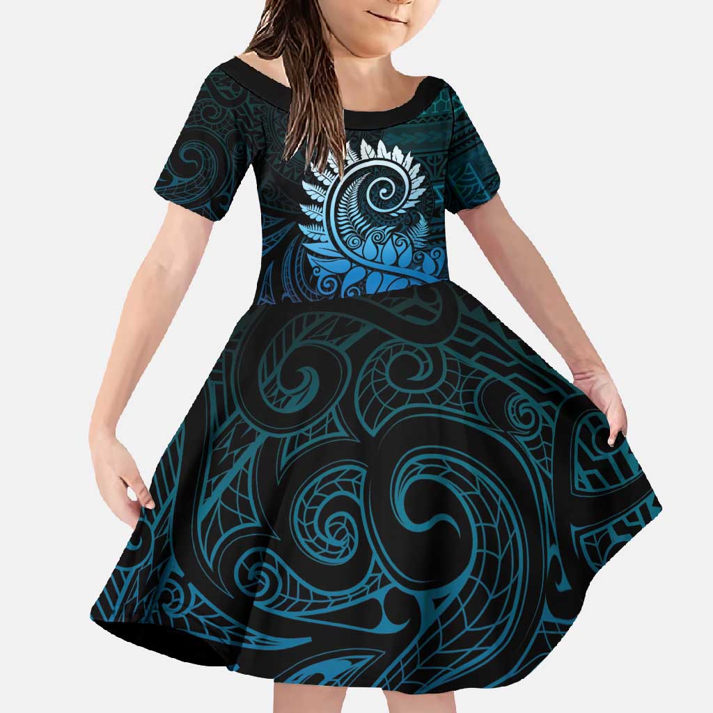 New Zealand Maori Koru Fern Family Matching Short Sleeve Bodycon Dress and Hawaiian Shirt Spiral Polynesian Style Aqua Gradient LT05 Daughter's Dress Aqua - Polynesian Pride