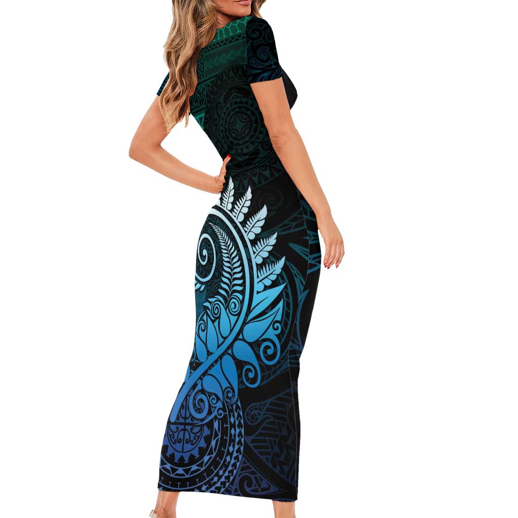New Zealand Maori Koru Fern Family Matching Short Sleeve Bodycon Dress and Hawaiian Shirt Spiral Polynesian Style Aqua Gradient LT05 - Polynesian Pride