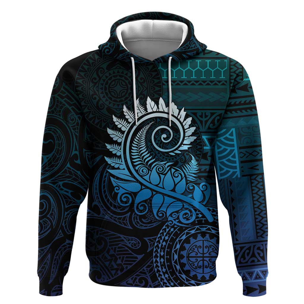 New Zealand Maori Koru Fern Hoodie Spiral Polynesian Style Aqua Gradient