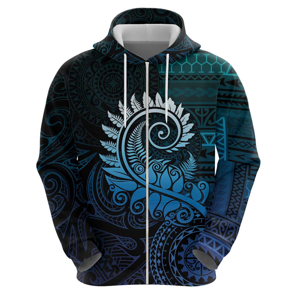 New Zealand Maori Koru Fern Hoodie Spiral Polynesian Style Aqua Gradient