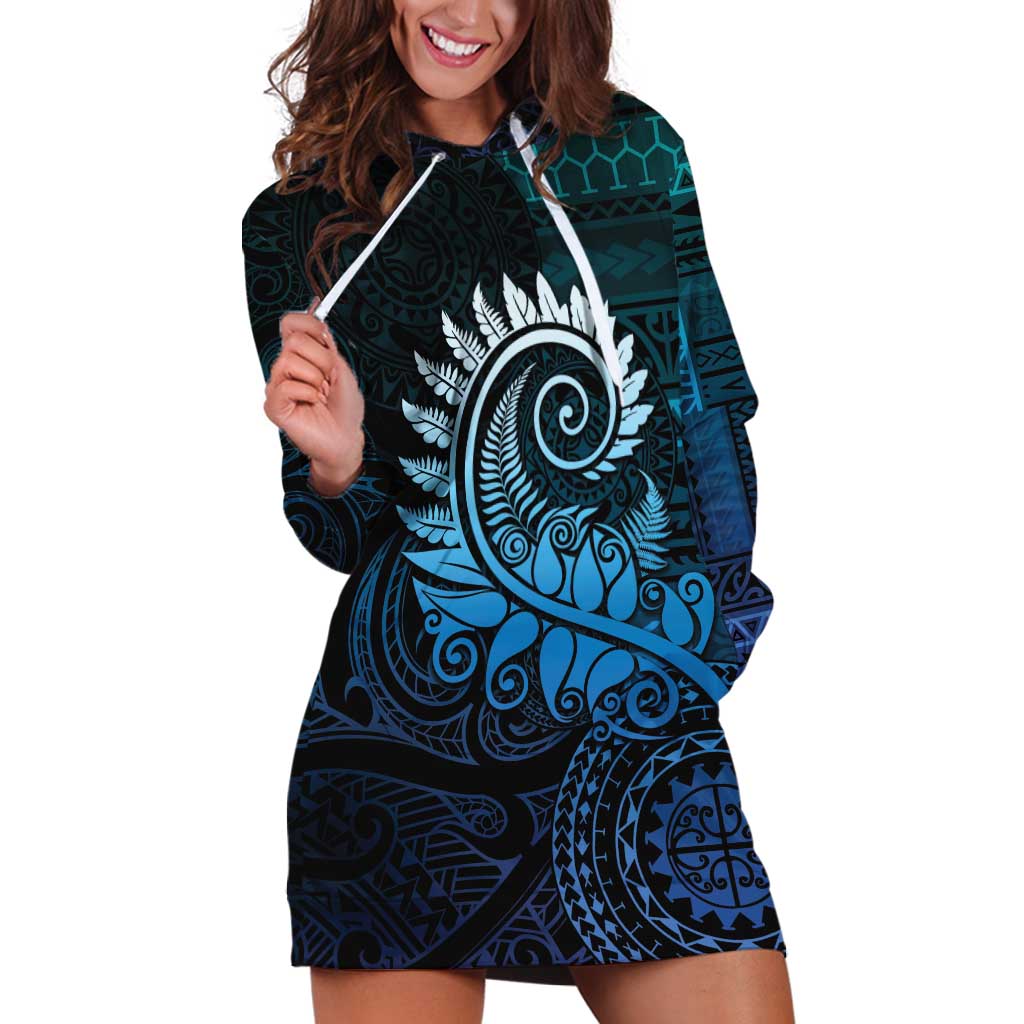 New Zealand Maori Koru Fern Hoodie Dress Spiral Polynesian Style Aqua Gradient