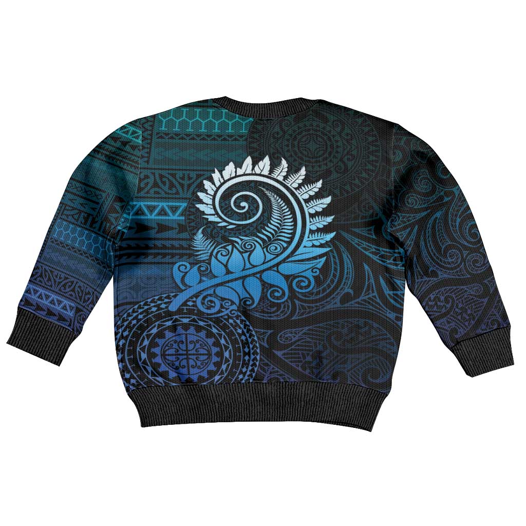 New Zealand Maori Koru Fern Kid Ugly Christmas Sweater Spiral Polynesian Style Aqua Gradient