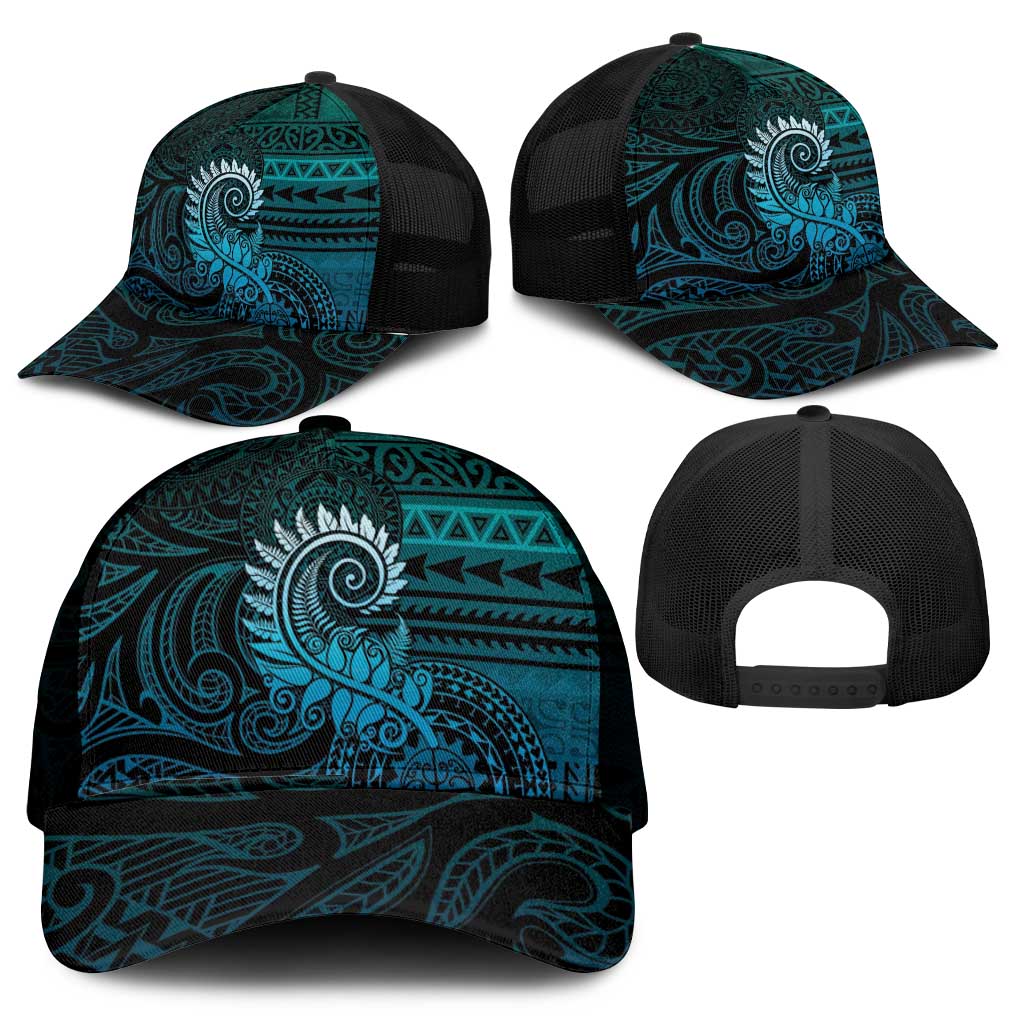 New Zealand Maori Koru Fern Mesh Trucker Cap Spiral Polynesian Style Aqua Gradient - Polynesian Pride