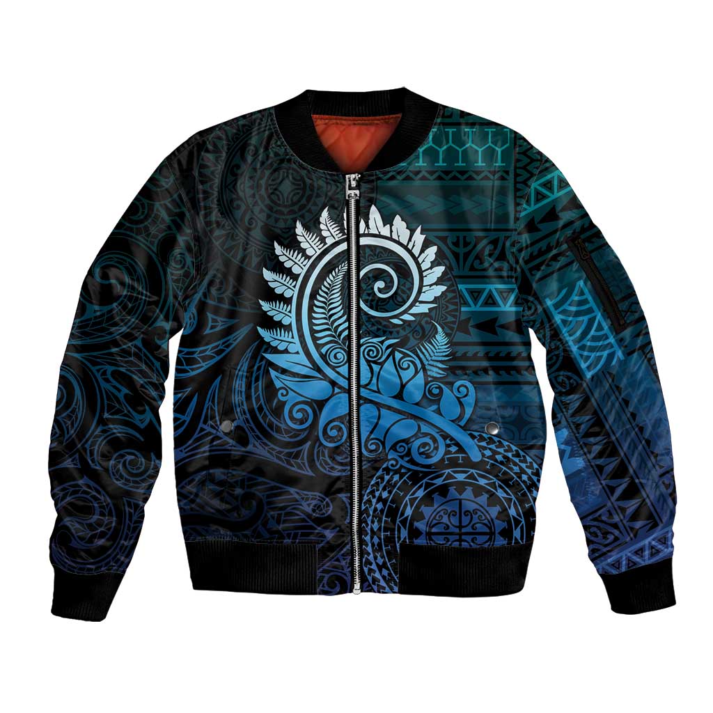 New Zealand Maori Koru Fern Sleeve Zip Bomber Jacket Spiral Polynesian Style Aqua Gradient