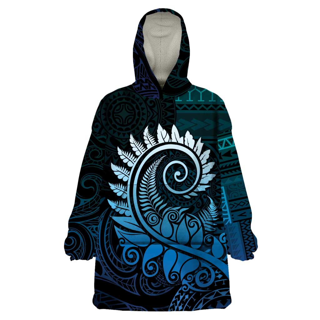 New Zealand Maori Koru Fern Wearable Blanket Hoodie Spiral Polynesian Style Aqua Gradient