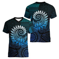 New Zealand Maori Koru Fern Women V-Neck T-Shirt Spiral Polynesian Style Aqua Gradient LT05 - Polynesian Pride