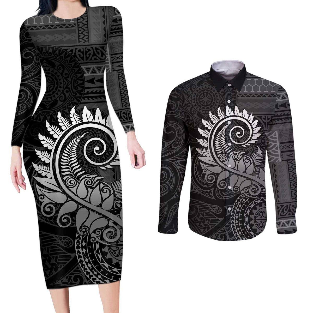 New Zealand Maori Koru Fern Couples Matching Long Sleeve Bodycon Dress and Long Sleeve Button Shirt Spiral Polynesian Style Gray LT05 Gray - Polynesian Pride