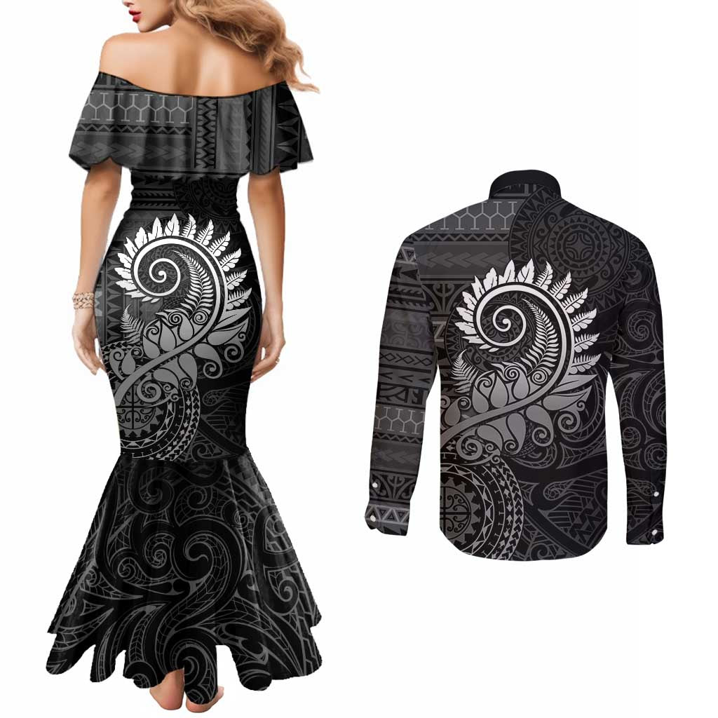 New Zealand Maori Koru Fern Couples Matching Mermaid Dress and Long Sleeve Button Shirt Spiral Polynesian Style Gray LT05 - Polynesian Pride