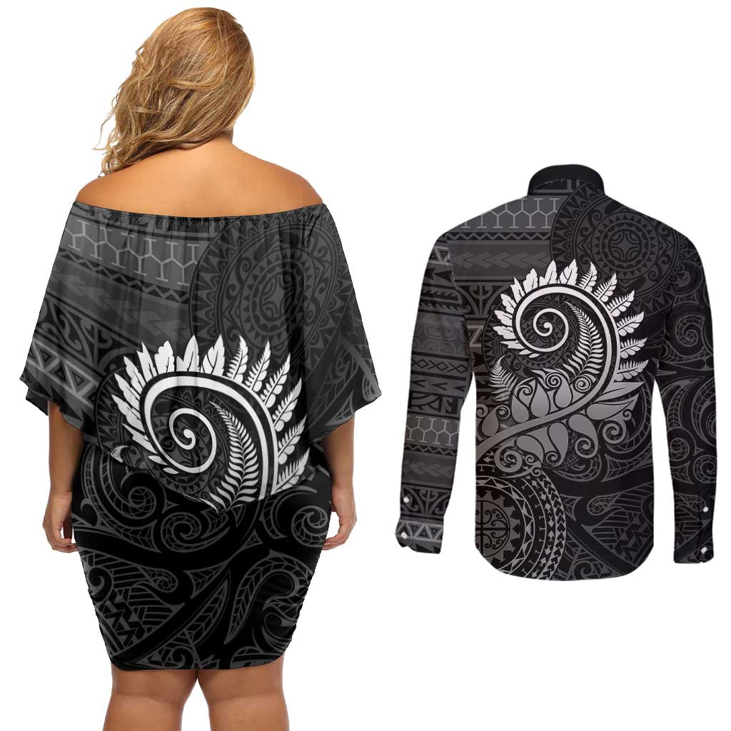 New Zealand Maori Koru Fern Couples Matching Off Shoulder Short Dress and Long Sleeve Button Shirt Spiral Polynesian Style Gray LT05 - Polynesian Pride
