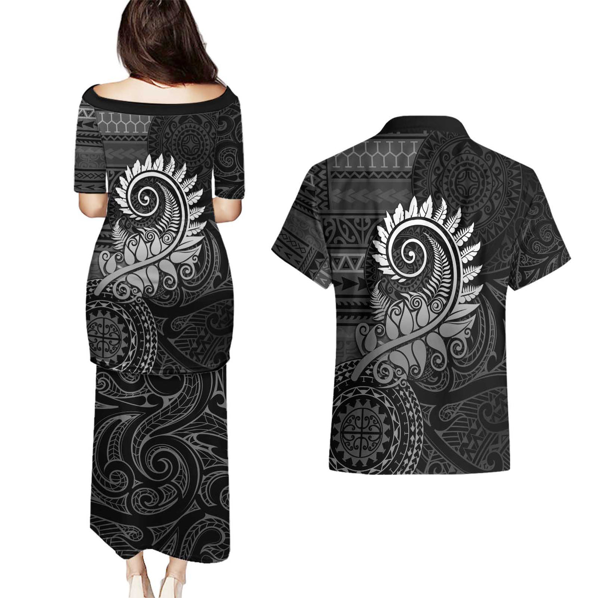 New Zealand Maori Koru Fern Couples Matching Puletasi and Hawaiian Shirt Spiral Polynesian Style Gray LT05 - Polynesian Pride