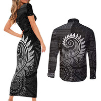 New Zealand Maori Koru Fern Couples Matching Short Sleeve Bodycon Dress and Long Sleeve Button Shirt Spiral Polynesian Style Gray LT05 - Polynesian Pride
