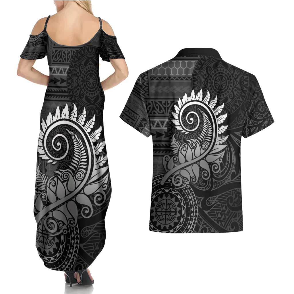 New Zealand Maori Koru Fern Couples Matching Summer Maxi Dress and Hawaiian Shirt Spiral Polynesian Style Gray LT05 - Polynesian Pride