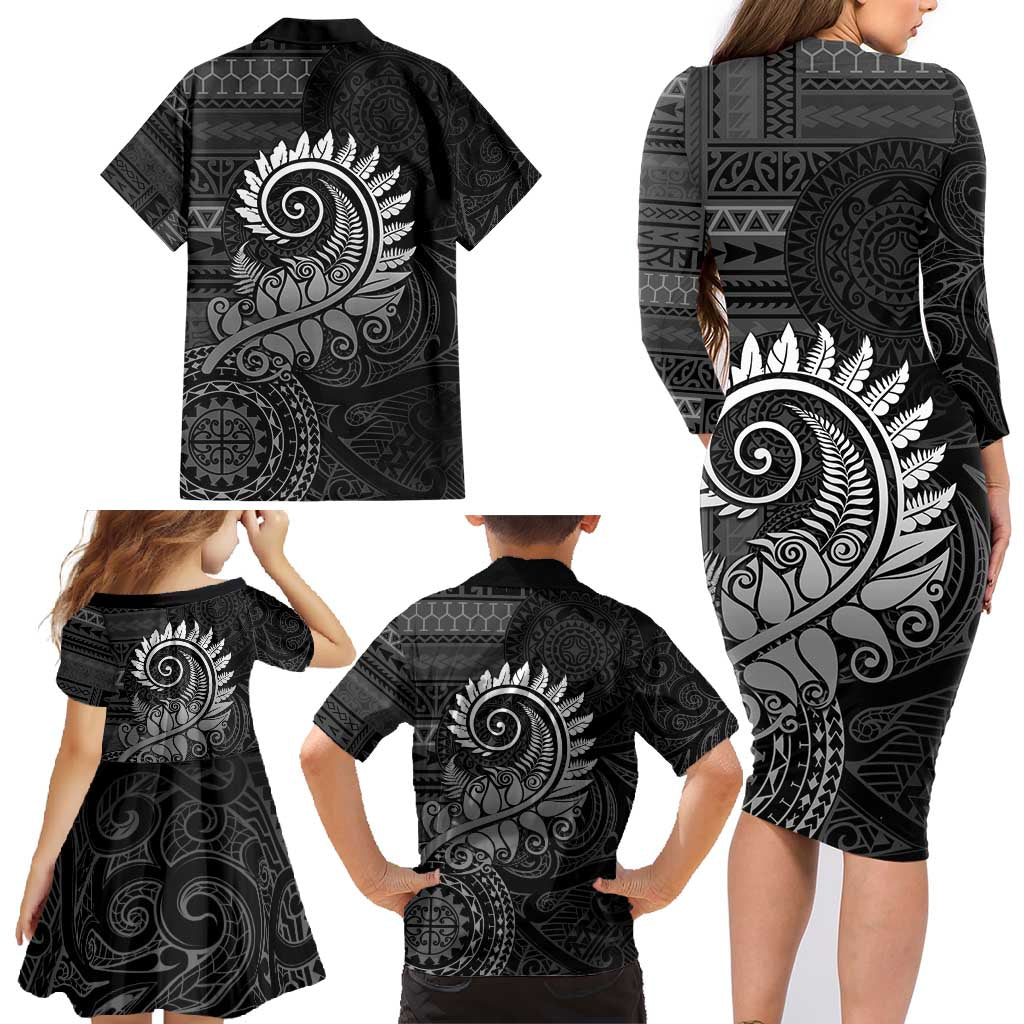 New Zealand Maori Koru Fern Family Matching Long Sleeve Bodycon Dress and Hawaiian Shirt Spiral Polynesian Style Gray LT05 - Polynesian Pride