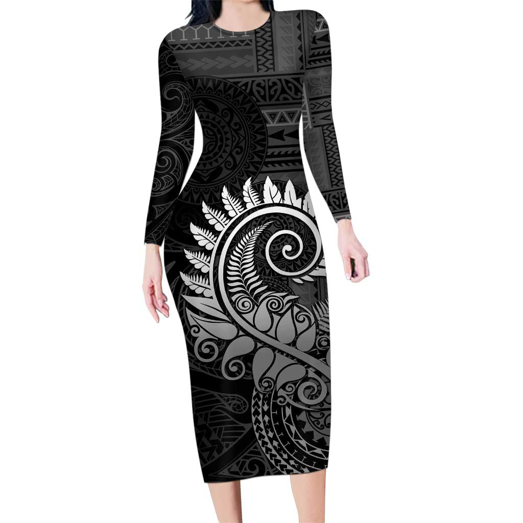 New Zealand Maori Koru Fern Family Matching Long Sleeve Bodycon Dress and Hawaiian Shirt Spiral Polynesian Style Gray LT05 Mom's Dress Gray - Polynesian Pride