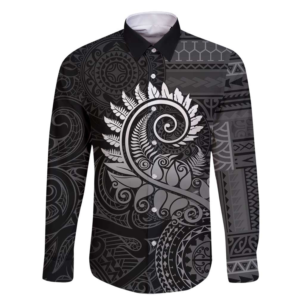 New Zealand Maori Koru Fern Family Matching Mermaid Dress and Hawaiian Shirt Spiral Polynesian Style Gray LT05 Dad's Shirt - Long Sleeve Gray - Polynesian Pride