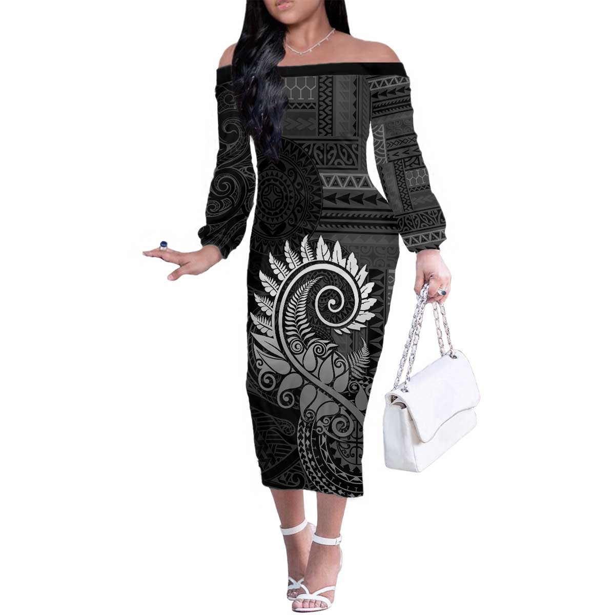 New Zealand Maori Koru Fern Family Matching Off The Shoulder Long Sleeve Dress and Hawaiian Shirt Spiral Polynesian Style Gray