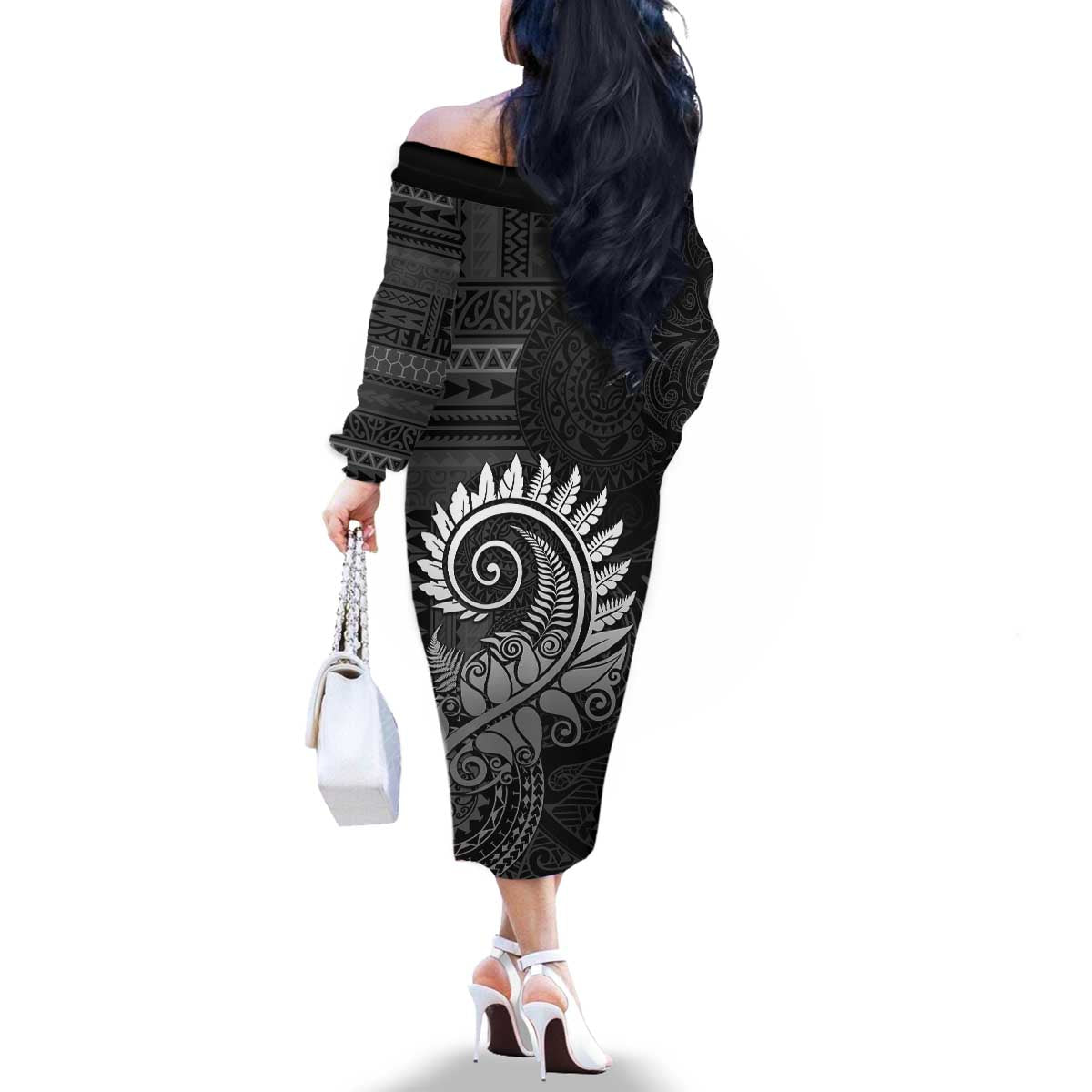 New Zealand Maori Koru Fern Family Matching Off The Shoulder Long Sleeve Dress and Hawaiian Shirt Spiral Polynesian Style Gray