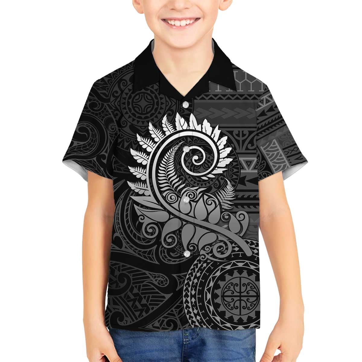 New Zealand Maori Koru Fern Family Matching Puletasi and Hawaiian Shirt Spiral Polynesian Style Gray LT05 Son's Shirt Gray - Polynesian Pride